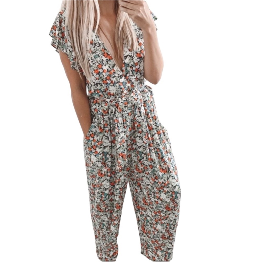 Free People Floral Ruffle Your Feathers Print Jumpsuit Sz Small